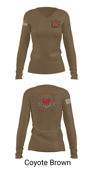 Womens Long Sleeve Vneck Shirt, Bravo Battery 3-7 FA, Army, Teamtime, Team time, sublimation, custom sports apparel, team uniforms, spirit wear, spiritwear, sports uniforms, custom shirts, team store, custom team store, fundraiser sports, apparel fundraiser
