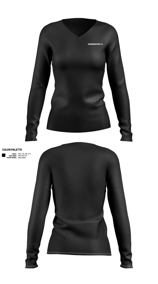 Womens Long Sleeve Vneck Shirt, Generation 13, , Teamtime, Team time, sublimation, custom sports apparel, team uniforms, spirit wear, spiritwear, sports uniforms, custom shirts, team store, custom team store, fundraiser sports, apparel fundraiser