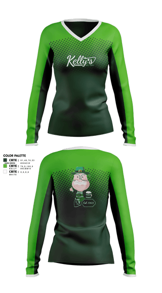 Womens Long Sleeve Vneck Shirt, Kelly’s Irish Pub, , Teamtime, Team time, sublimation, custom sports apparel, team uniforms, spirit wear, spiritwear, sports uniforms, custom shirts, team store, custom team store, fundraiser sports, apparel fundraiser