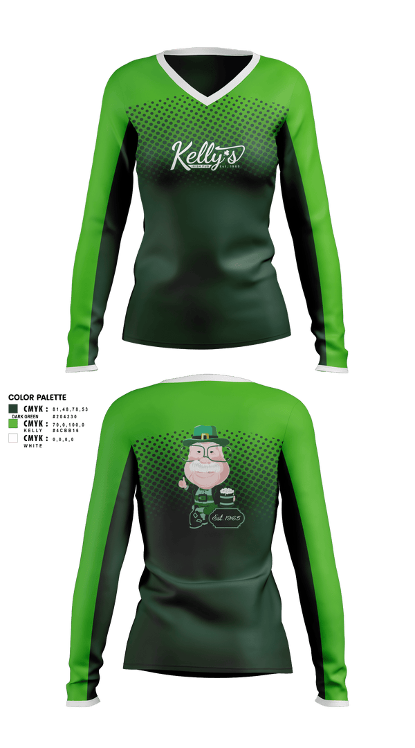 Womens Long Sleeve Vneck Shirt, Kelly’s Irish Pub, , Teamtime, Team time, sublimation, custom sports apparel, team uniforms, spirit wear, spiritwear, sports uniforms, custom shirts, team store, custom team store, fundraiser sports, apparel fundraiser