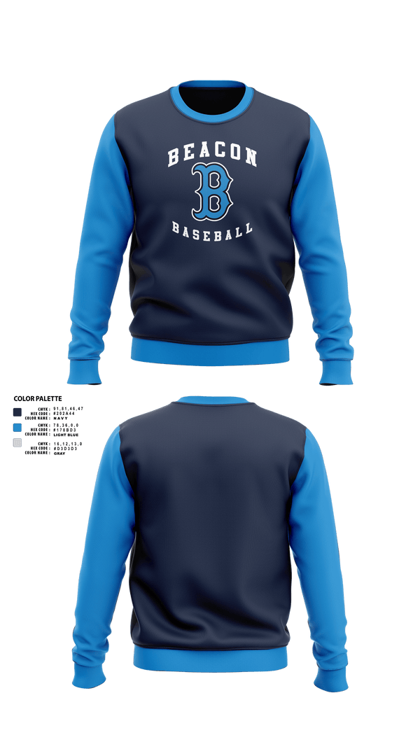 Crew Neck Sweatshirt, Beacon Bluedemons, Baseball, Teamtime, Team time, sublimation, custom sports apparel, team uniforms, spirit wear, spiritwear, sports uniforms, custom shirts, team store, custom team store, fundraiser sports, apparel fundraiser