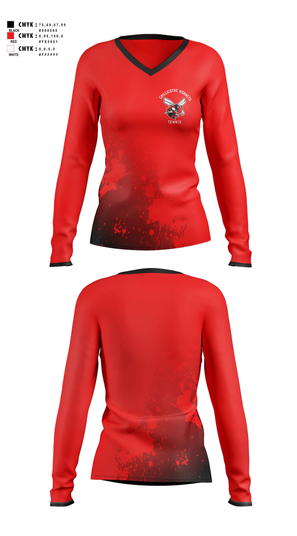 Womens Long Sleeve Vneck Shirt, Chillicothe Hornets Tennis, Tennis, Teamtime, Team time, sublimation, custom sports apparel, team uniforms, spirit wear, spiritwear, sports uniforms, custom shirts, team store, custom team store, fundraiser sports, apparel fundraiser