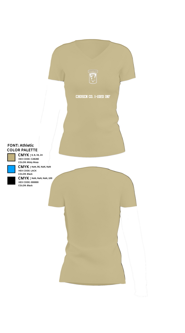 Womens Short Sleeve Vneck Shirt, Chosen Co. 1-102D INF, Army, Teamtime, Team time, sublimation, custom sports apparel, team uniforms, spirit wear, spiritwear, sports uniforms, custom shirts, team store, custom team store, fundraiser sports, apparel fundraiser