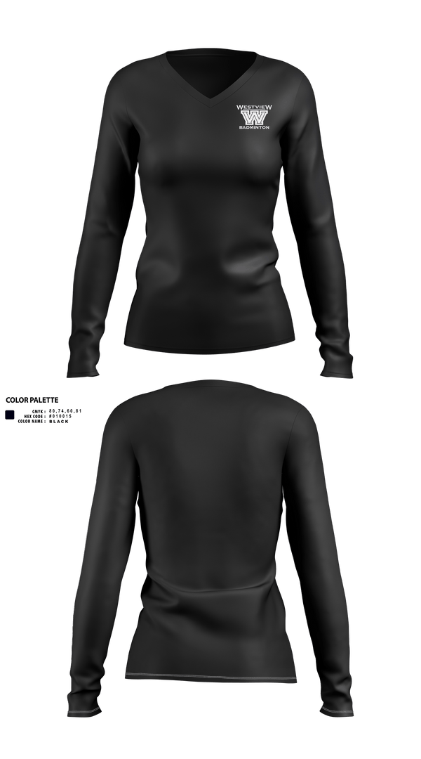 Womens Long Sleeve Vneck Shirt, Westview Badminton, Spirit Store, Teamtime, Team time, sublimation, custom sports apparel, team uniforms, spirit wear, spiritwear, sports uniforms, custom shirts, team store, custom team store, fundraiser sports, apparel fundraiser