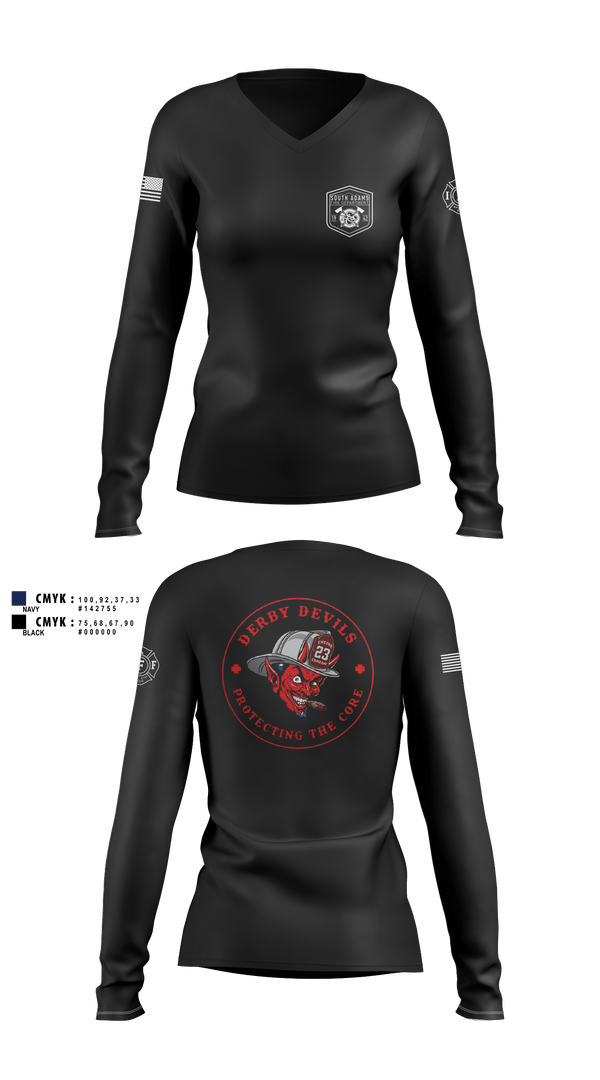 Womens Long Sleeve Vneck Shirt, South Adams County FD, Fire Department, Teamtime, Team time, sublimation, custom sports apparel, team uniforms, spirit wear, spiritwear, sports uniforms, custom shirts, team store, custom team store, fundraiser sports, apparel fundraiser