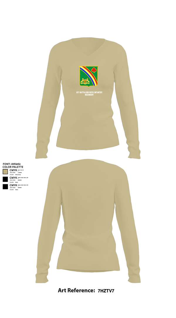 Womens Long Sleeve Vneck Shirt, 1st Battalion 69th Infantry Regiment, Army, Teamtime, Team time, sublimation, custom sports apparel, team uniforms, spirit wear, spiritwear, sports uniforms, custom shirts, team store, custom team store, fundraiser sports, apparel fundraiser