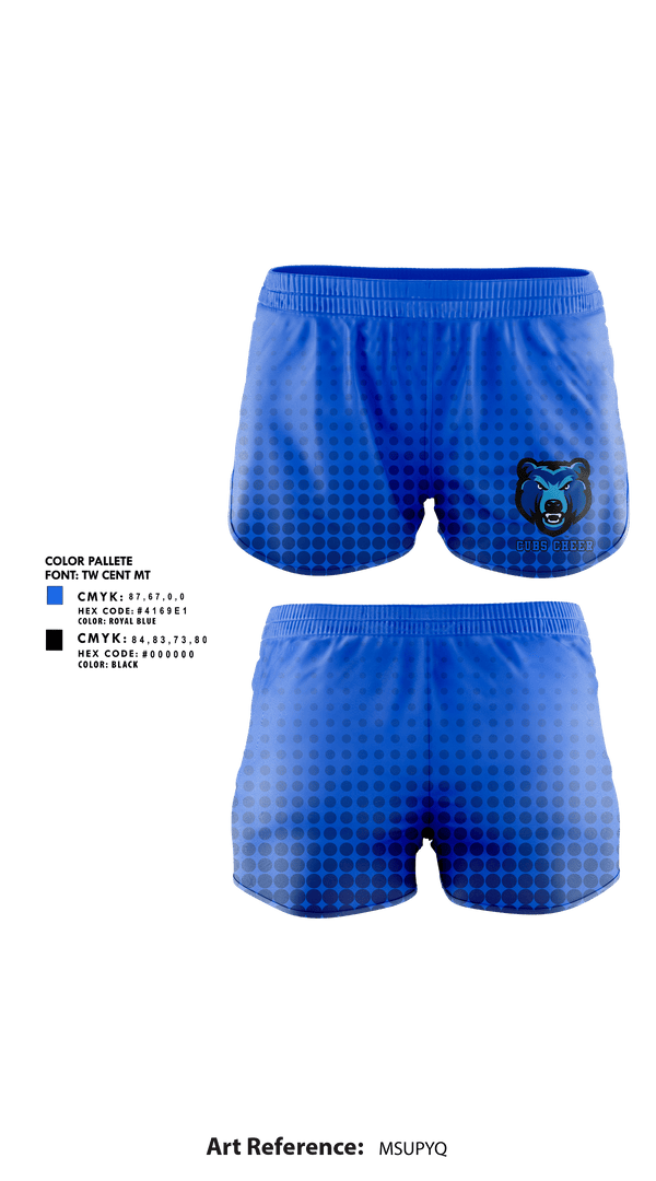 Womens Shorts, Cubs Cheer, Cheer, Teamtime, Team time, sublimation, custom sports apparel, team uniforms, spirit wear, spiritwear, sports uniforms, custom shirts, team store, custom team store, fundraiser sports, apparel fundraiser