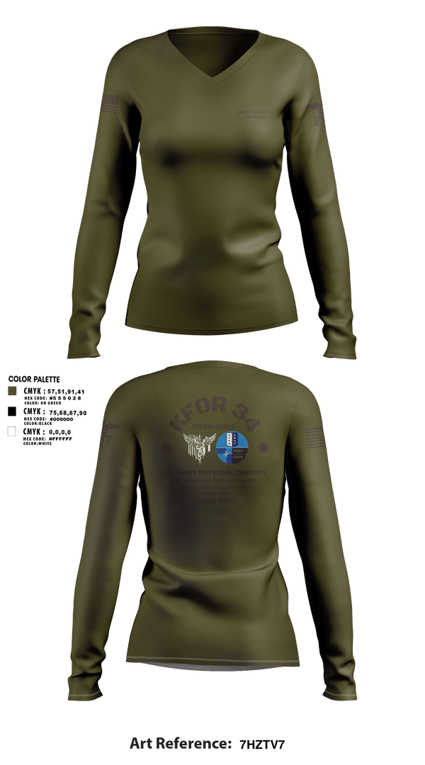 Womens Long Sleeve Vneck Shirt, KFOR34 Physical Therapy, Army, Teamtime, Team time, sublimation, custom sports apparel, team uniforms, spirit wear, spiritwear, sports uniforms, custom shirts, team store, custom team store, fundraiser sports, apparel fundraiser