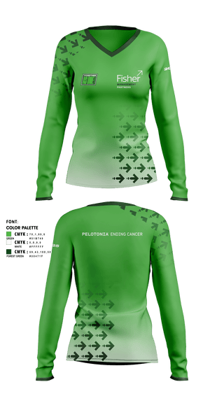 Womens Long Sleeve Vneck Shirt, Fisher Management Partners Pelotonia, Cycling, Teamtime, Team time, sublimation, custom sports apparel, team uniforms, spirit wear, spiritwear, sports uniforms, custom shirts, team store, custom team store, fundraiser sports, apparel fundraiser