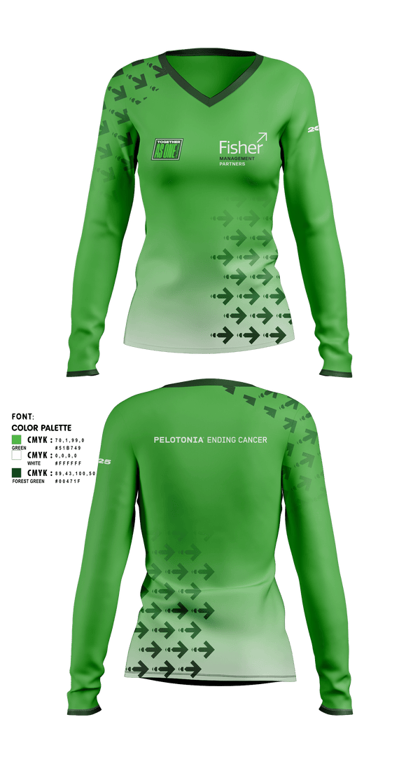 Womens Long Sleeve Vneck Shirt, Fisher Management Partners Pelotonia, Cycling, Teamtime, Team time, sublimation, custom sports apparel, team uniforms, spirit wear, spiritwear, sports uniforms, custom shirts, team store, custom team store, fundraiser sports, apparel fundraiser