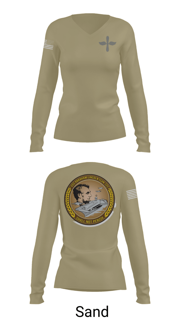 Womens Long Sleeve Vneck Shirt, CVN 72 Abraham Lincoln, , Teamtime, Team time, sublimation, custom sports apparel, team uniforms, spirit wear, spiritwear, sports uniforms, custom shirts, team store, custom team store, fundraiser sports, apparel fundraiser