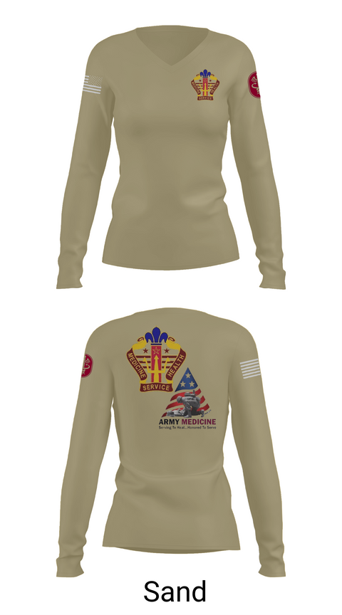 Womens Long Sleeve Vneck Shirt, USA MEDDAC KAHC, Army, Teamtime, Team time, sublimation, custom sports apparel, team uniforms, spirit wear, spiritwear, sports uniforms, custom shirts, team store, custom team store, fundraiser sports, apparel fundraiser