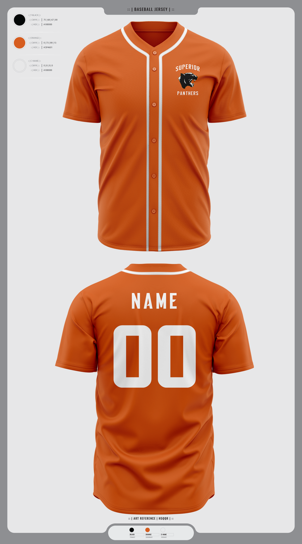 Full Button Baseball Jersey, Superior Panthers, Baseball, Teamtime, Team time, sublimation, custom sports apparel, team uniforms, spirit wear, spiritwear, sports uniforms, custom shirts, team store, custom team store, fundraiser sports, apparel fundraiser