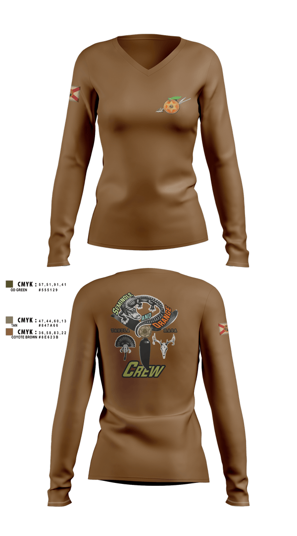 Womens Long Sleeve Vneck Shirt, Seminole / Orange Crew, , Teamtime, Team time, sublimation, custom sports apparel, team uniforms, spirit wear, spiritwear, sports uniforms, custom shirts, team store, custom team store, fundraiser sports, apparel fundraiser