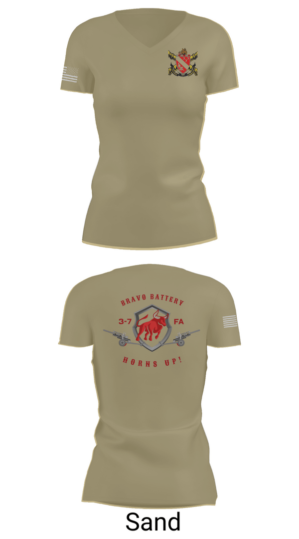Womens Short Sleeve Vneck Shirt, Bravo Battery 3-7 FA, Army, Teamtime, Team time, sublimation, custom sports apparel, team uniforms, spirit wear, spiritwear, sports uniforms, custom shirts, team store, custom team store, fundraiser sports, apparel fundraiser