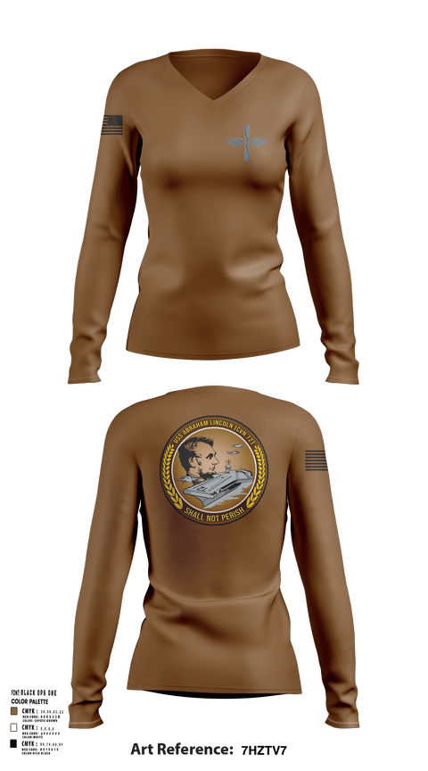 Womens Long Sleeve Vneck Shirt, CVN 72 Abraham Lincoln, , Teamtime, Team time, sublimation, custom sports apparel, team uniforms, spirit wear, spiritwear, sports uniforms, custom shirts, team store, custom team store, fundraiser sports, apparel fundraiser