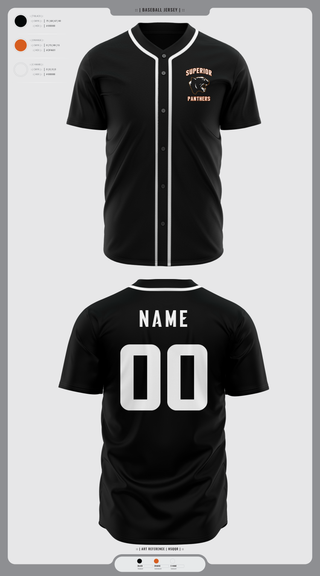 Full Button Baseball Jersey, Superior Panthers, Baseball, Teamtime, Team time, sublimation, custom sports apparel, team uniforms, spirit wear, spiritwear, sports uniforms, custom shirts, team store, custom team store, fundraiser sports, apparel fundraiser