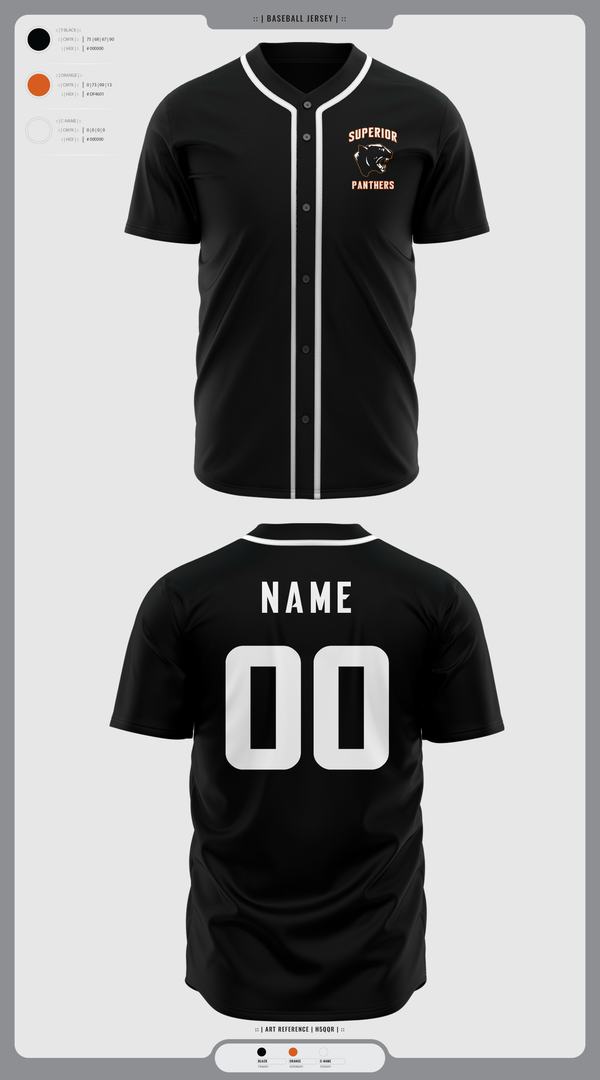 Full Button Baseball Jersey, Superior Panthers, Baseball, Teamtime, Team time, sublimation, custom sports apparel, team uniforms, spirit wear, spiritwear, sports uniforms, custom shirts, team store, custom team store, fundraiser sports, apparel fundraiser