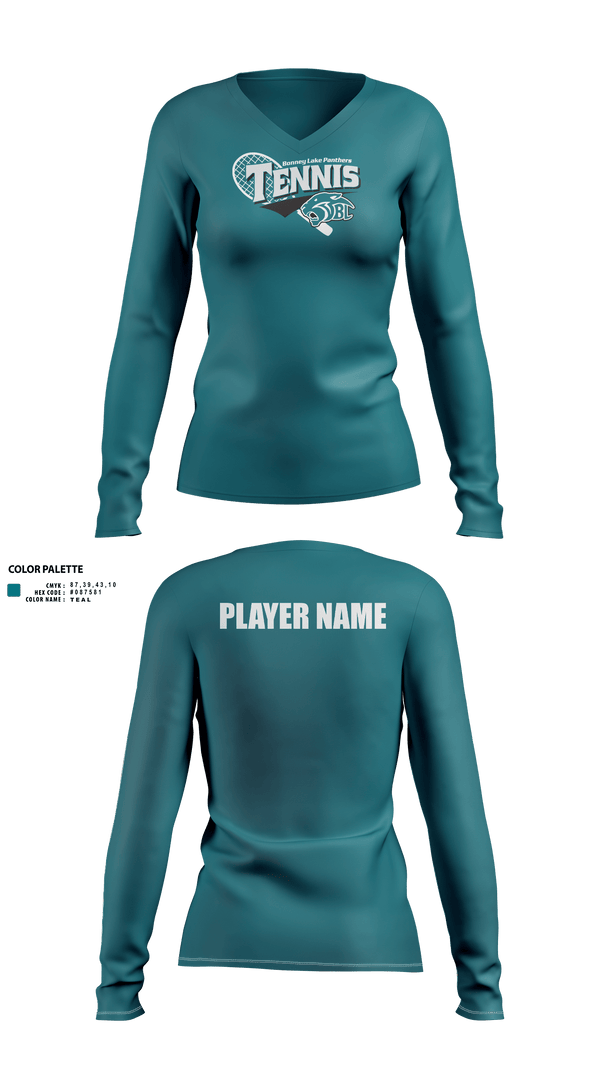 Womens Long Sleeve Vneck Shirt, Bonney Lake Panthers Tennis, Tennis, Teamtime, Team time, sublimation, custom sports apparel, team uniforms, spirit wear, spiritwear, sports uniforms, custom shirts, team store, custom team store, fundraiser sports, apparel fundraiser