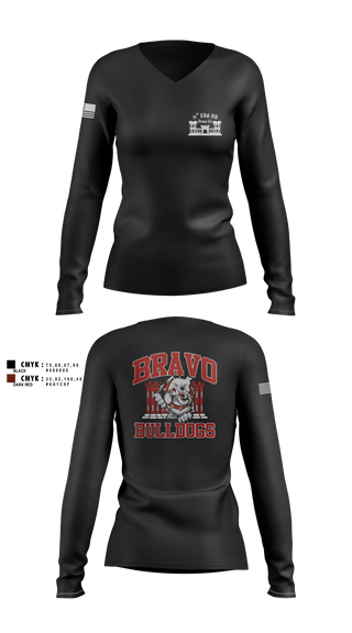 Womens Long Sleeve Vneck Shirt, Bravo Company “Bulldogs” 31st Engineer Battalion, , Teamtime, Team time, sublimation, custom sports apparel, team uniforms, spirit wear, spiritwear, sports uniforms, custom shirts, team store, custom team store, fundraiser sports, apparel fundraiser
