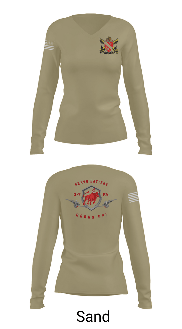 Womens Long Sleeve Vneck Shirt, Bravo Battery 3-7 FA, Army, Teamtime, Team time, sublimation, custom sports apparel, team uniforms, spirit wear, spiritwear, sports uniforms, custom shirts, team store, custom team store, fundraiser sports, apparel fundraiser