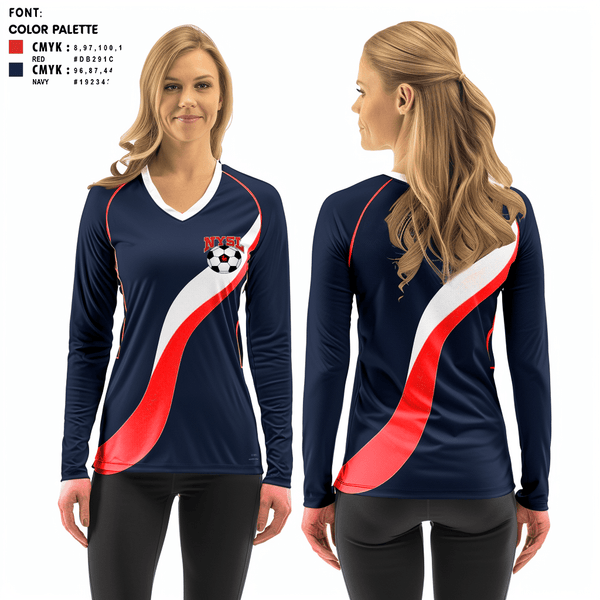 Women's Long Sleeve Vneck Shirt, Niles Recreational League NYSL, Men's Soccer, Teamtime, Team time, sublimation, custom sports apparel, team uniforms, spirit wear, spiritwear, sports uniforms, custom shirts, team store, custom team store, fundraiser sports, apparel fundraiser
