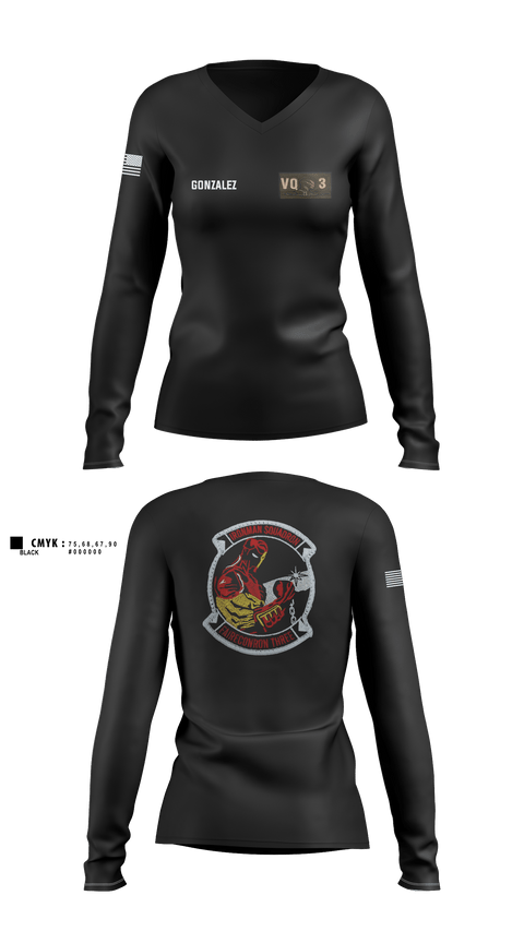 Women's Long Sleeve Vneck Shirt, VQ-3 DET TRVS, Navy, Teamtime, Team time, sublimation, custom sports apparel, team uniforms, spirit wear, spiritwear, sports uniforms, custom shirts, team store, custom team store, fundraiser sports, apparel fundraiser