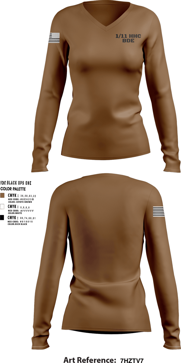 Women's Long Sleeve Vneck Shirt, 1/11 HHC BDE, Army, Teamtime, Team time, sublimation, custom sports apparel, team uniforms, spirit wear, spiritwear, sports uniforms, custom shirts, team store, custom team store, fundraiser sports, apparel fundraiser