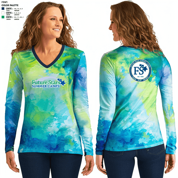Women's Long Sleeve Vneck Shirt, Future Stars Summer Camps at Old Westbury, Spirit Store, Teamtime, Team time, sublimation, custom sports apparel, team uniforms, spirit wear, spiritwear, sports uniforms, custom shirts, team store, custom team store, fundraiser sports, apparel fundraiser