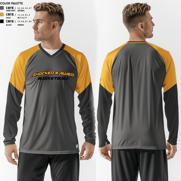 Women's Long Sleeve Vneck Shirt, Shocked & Awed, Men's Basketball, Teamtime, Team time, sublimation, custom sports apparel, team uniforms, spirit wear, spiritwear, sports uniforms, custom shirts, team store, custom team store, fundraiser sports, apparel fundraiser
