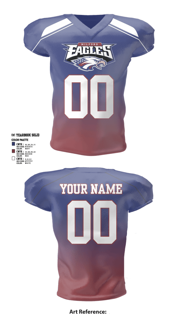Football Jersey, Milford Eagles Pop Warner Football and Cheer, Football, Teamtime, Team time, sublimation, custom sports apparel, team uniforms, spirit wear, spiritwear, sports uniforms, custom shirts, team store, custom team store, fundraiser sports, apparel fundraiser