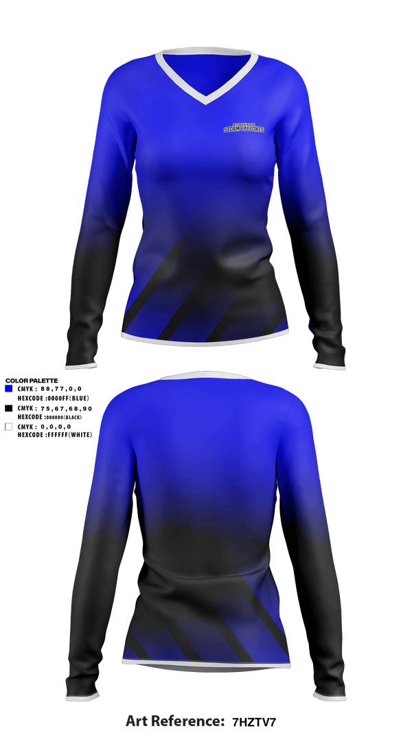 Women's Long Sleeve Vneck Shirt, Stockton Storm Cyclones, Women's Soccer, Teamtime, Team time, sublimation, custom sports apparel, team uniforms, spirit wear, spiritwear, sports uniforms, custom shirts, team store, custom team store, fundraiser sports, apparel fundraiser