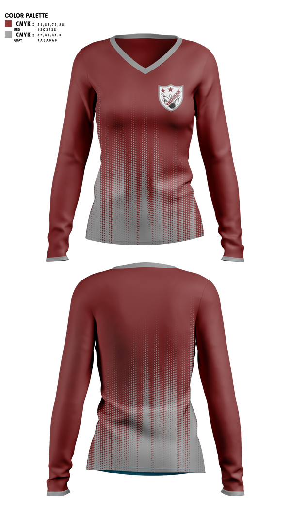 Women's Long Sleeve Vneck Shirt, Sheridan High School Bowling, Bowling, Teamtime, Team time, sublimation, custom sports apparel, team uniforms, spirit wear, spiritwear, sports uniforms, custom shirts, team store, custom team store, fundraiser sports, apparel fundraiser