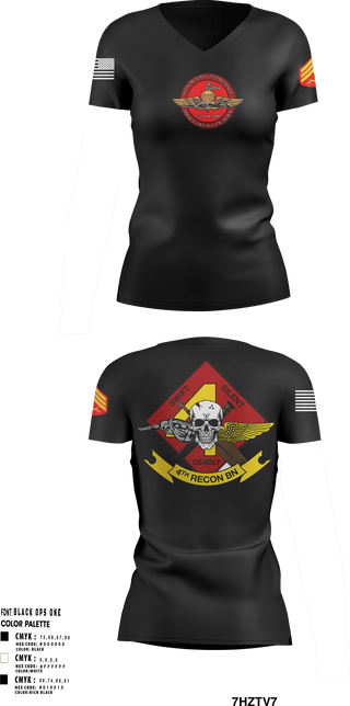 Women's Short Sleeve Vneck Shirt, 4th Recon Delta Company, Marines, Teamtime, Team time, sublimation, custom sports apparel, team uniforms, spirit wear, spiritwear, sports uniforms, custom shirts, team store, custom team store, fundraiser sports, apparel fundraiser
