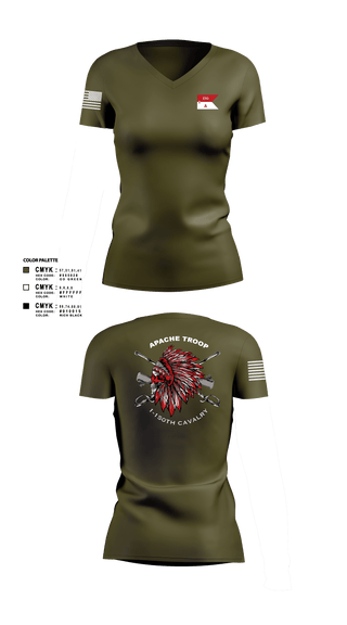 Women's Short Sleeve Vneck Shirt, Apache Troop 1-150th, Army, Teamtime, Team time, sublimation, custom sports apparel, team uniforms, spirit wear, spiritwear, sports uniforms, custom shirts, team store, custom team store, fundraiser sports, apparel fundraiser