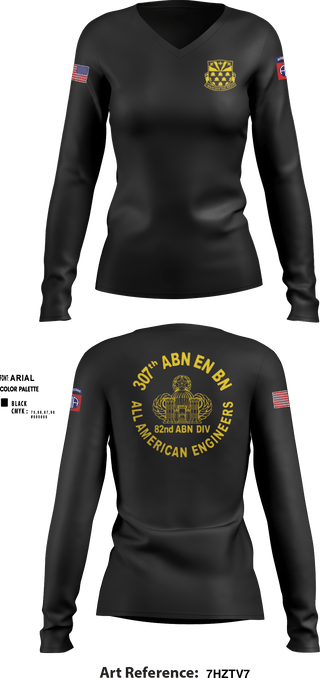 Women's Long Sleeve Vneck Shirt, 307th Airborne Engineers Battalion, , Teamtime, Team time, sublimation, custom sports apparel, team uniforms, spirit wear, spiritwear, sports uniforms, custom shirts, team store, custom team store, fundraiser sports, apparel fundraiser