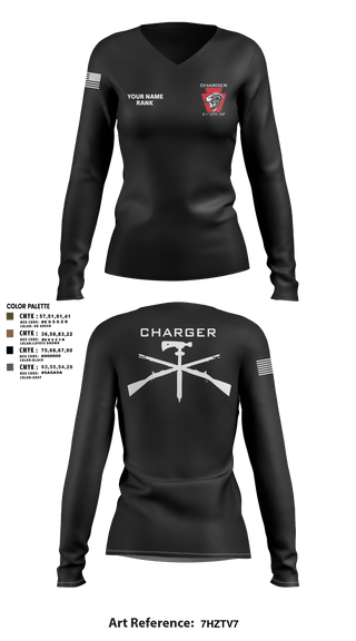 Women's Long Sleeve Vneck Shirt, Charger Co. / 2-112th Infantry Battalion, National Guard, Teamtime, Team time, sublimation, custom sports apparel, team uniforms, spirit wear, spiritwear, sports uniforms, custom shirts, team store, custom team store, fundraiser sports, apparel fundraiser
