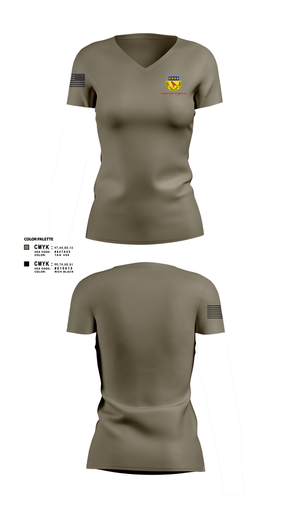Women's Short Sleeve Vneck Shirt, Alpha BTRY 2/138th FA, National Guard, Teamtime, Team time, sublimation, custom sports apparel, team uniforms, spirit wear, spiritwear, sports uniforms, custom shirts, team store, custom team store, fundraiser sports, apparel fundraiser