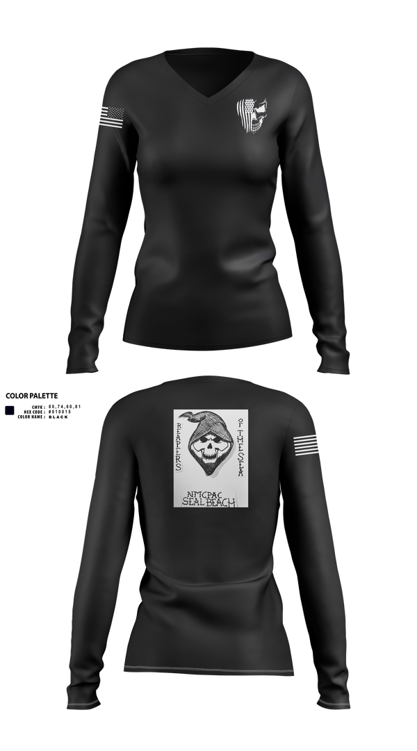 Women's Long Sleeve Vneck Shirt, NMCPAC Seal Beach, Navy, Teamtime, Team time, sublimation, custom sports apparel, team uniforms, spirit wear, spiritwear, sports uniforms, custom shirts, team store, custom team store, fundraiser sports, apparel fundraiser