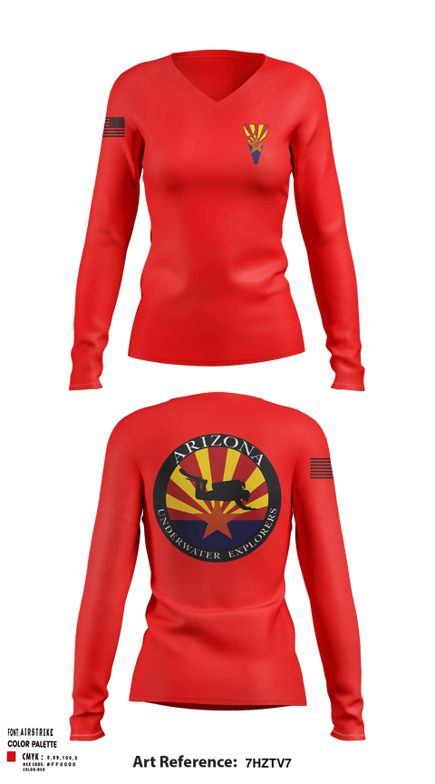 Women's Long Sleeve Vneck Shirt, Arizona Underwater Explorers, Police, Teamtime, Team time, sublimation, custom sports apparel, team uniforms, spirit wear, spiritwear, sports uniforms, custom shirts, team store, custom team store, fundraiser sports, apparel fundraiser