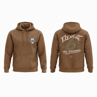 Brown hoodie shown front and back, with a small wolf head chest logo and Element 6 back graphic
