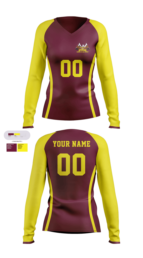 Women's Long Sleeve Vneck Shirt, Spokane R-7 High School Volleyball, Women's Volleyball, Teamtime, Team time, sublimation, custom sports apparel, team uniforms, spirit wear, spiritwear, sports uniforms, custom shirts, team store, custom team store, fundraiser sports, apparel fundraiser