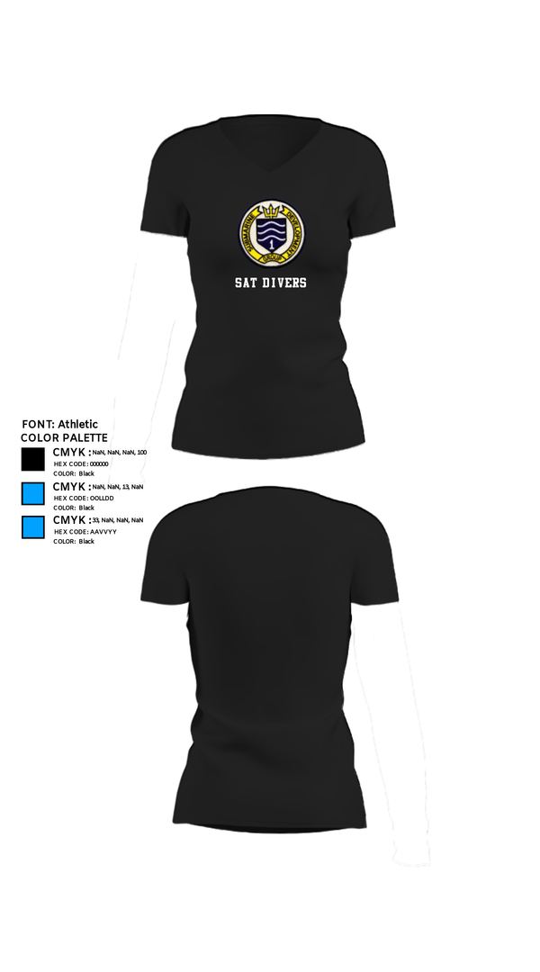 Women's Short Sleeve Vneck Shirt, SAT DIVERS, Navy, Teamtime, Team time, sublimation, custom sports apparel, team uniforms, spirit wear, spiritwear, sports uniforms, custom shirts, team store, custom team store, fundraiser sports, apparel fundraiser