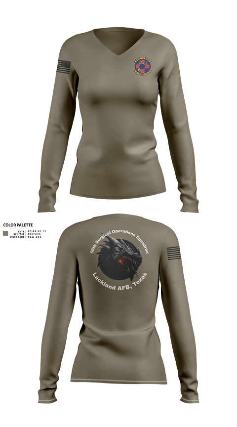 Women's Long Sleeve Vneck Shirt, 59th Surgical Operations Squadron, Air Force, Teamtime, Team time, sublimation, custom sports apparel, team uniforms, spirit wear, spiritwear, sports uniforms, custom shirts, team store, custom team store, fundraiser sports, apparel fundraiser