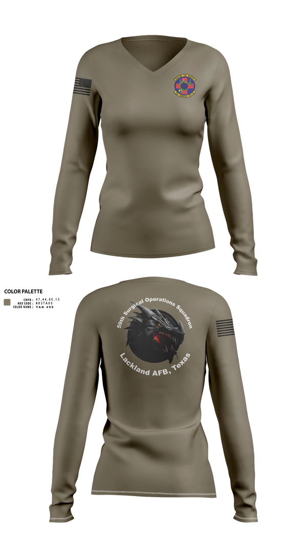Women's Long Sleeve Vneck Shirt, 59th Surgical Operations Squadron, Air Force, Teamtime, Team time, sublimation, custom sports apparel, team uniforms, spirit wear, spiritwear, sports uniforms, custom shirts, team store, custom team store, fundraiser sports, apparel fundraiser