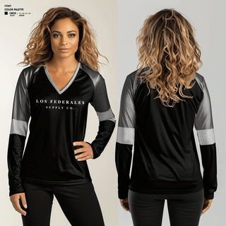 Women's Long Sleeve Vneck Shirt, Los Federale$Los Federale$, , Teamtime, Team time, sublimation, custom sports apparel, team uniforms, spirit wear, spiritwear, sports uniforms, custom shirts, team store, custom team store, fundraiser sports, apparel fundraiser