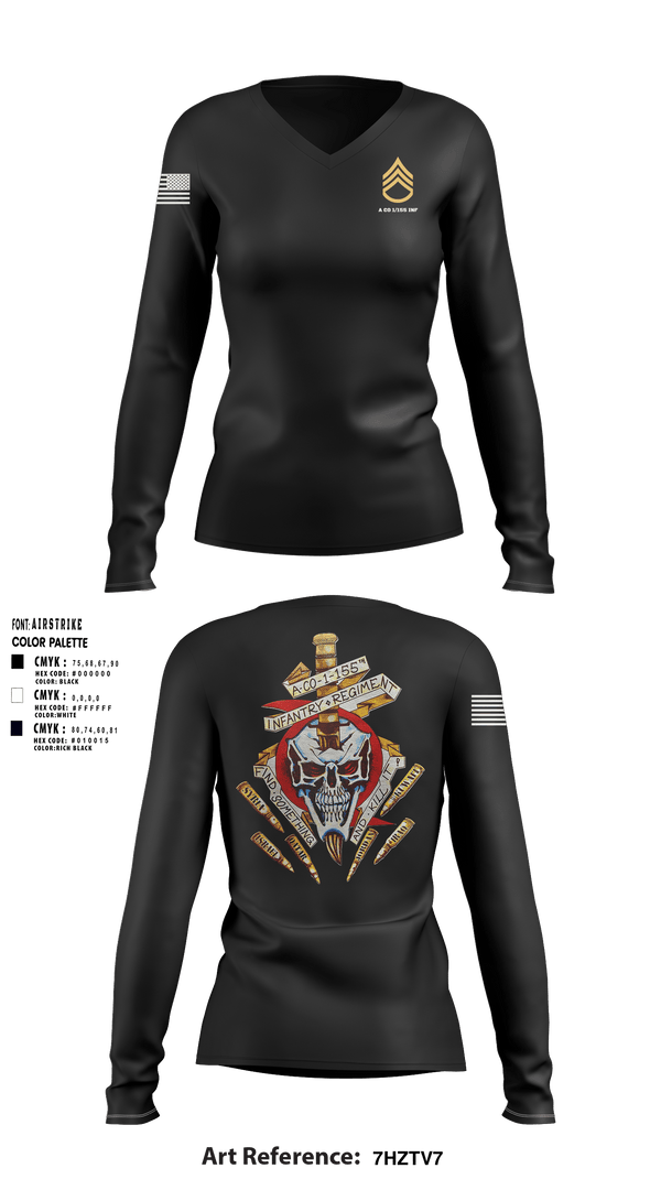 Women's Long Sleeve Vneck Shirt, A Co 1/155 INF, Army, Teamtime, Team time, sublimation, custom sports apparel, team uniforms, spirit wear, spiritwear, sports uniforms, custom shirts, team store, custom team store, fundraiser sports, apparel fundraiser