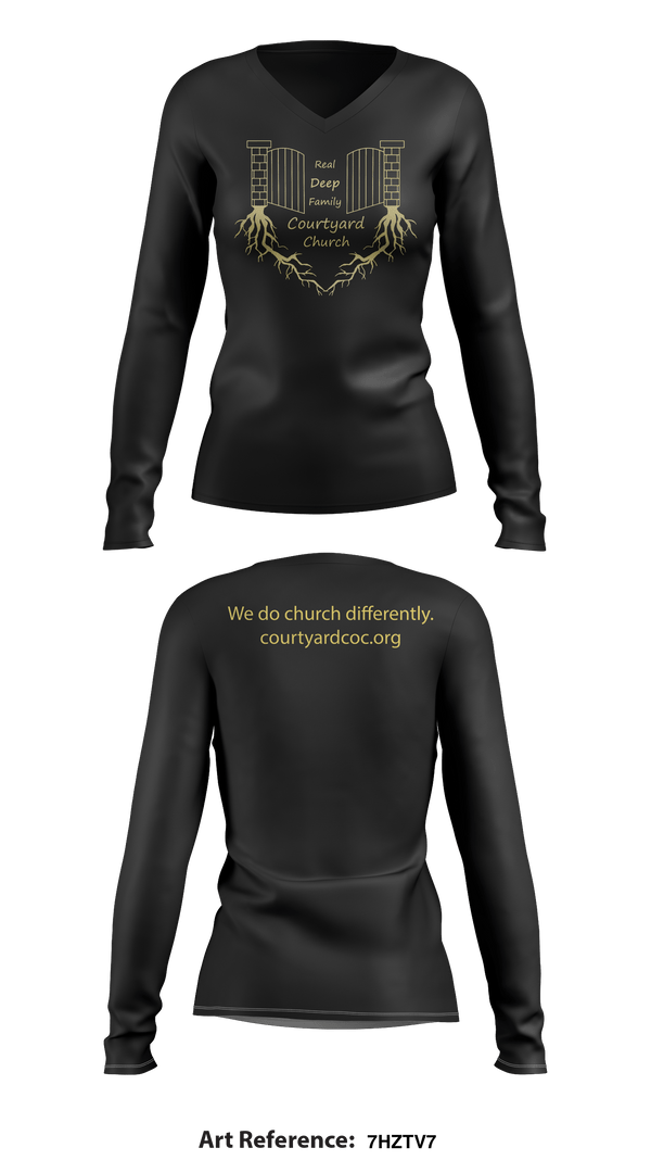 Women's Long Sleeve Vneck Shirt, Courtyard Chuch, , Teamtime, Team time, sublimation, custom sports apparel, team uniforms, spirit wear, spiritwear, sports uniforms, custom shirts, team store, custom team store, fundraiser sports, apparel fundraiser