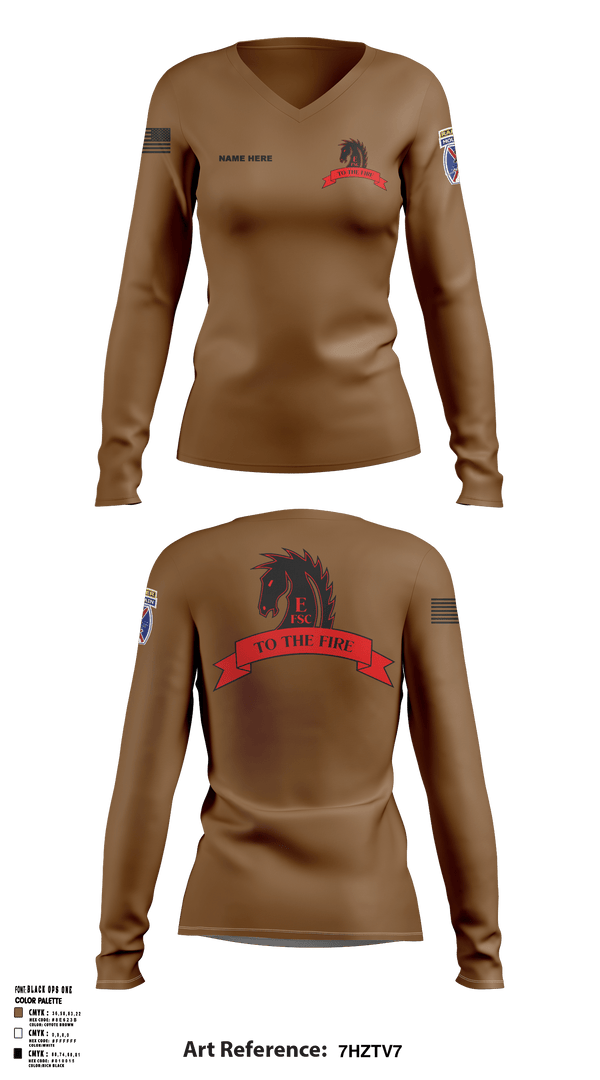 Women's Long Sleeve Vneck Shirt, Echo FSC Stampede 7th Eng, Army, Teamtime, Team time, sublimation, custom sports apparel, team uniforms, spirit wear, spiritwear, sports uniforms, custom shirts, team store, custom team store, fundraiser sports, apparel fundraiser