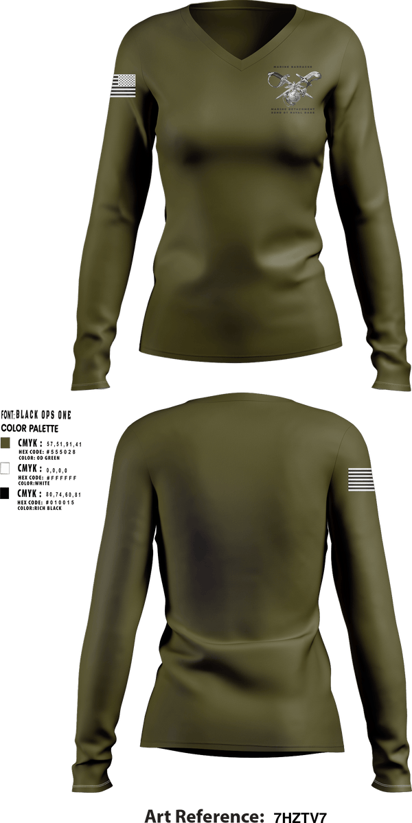 Women's Long Sleeve Vneck Shirt, Marine Barracks/ Marine Detachment   32nd St Naval Base, Marines, Teamtime, Team time, sublimation, custom sports apparel, team uniforms, spirit wear, spiritwear, sports uniforms, custom shirts, team store, custom team store, fundraiser sports, apparel fundraiser